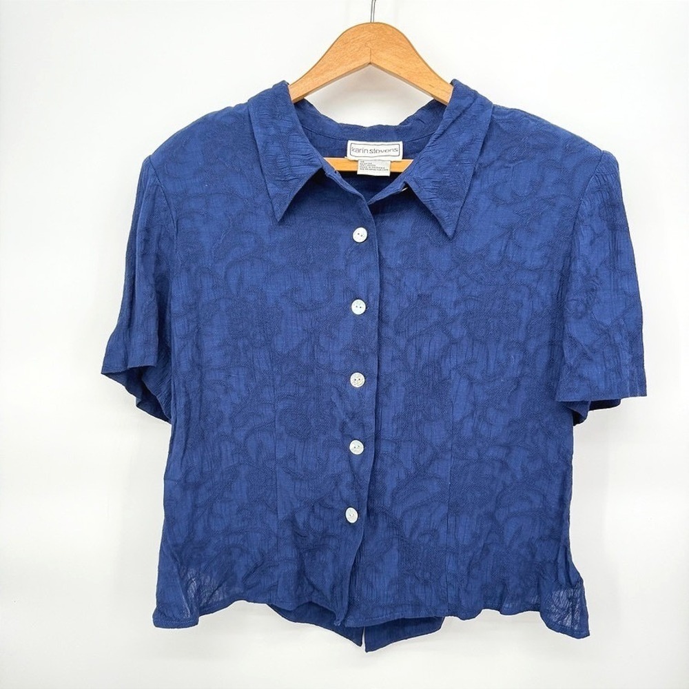 Karin Stevens VTG Blouse Blue Textured Short Sleeve 80s-90s Retro Size 14